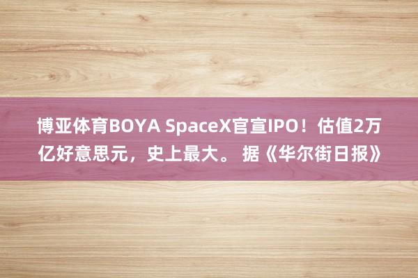 博亚体育BOYA SpaceX官宣IPO！估值2万亿好意思元，史上最大。 据《华尔街日报》